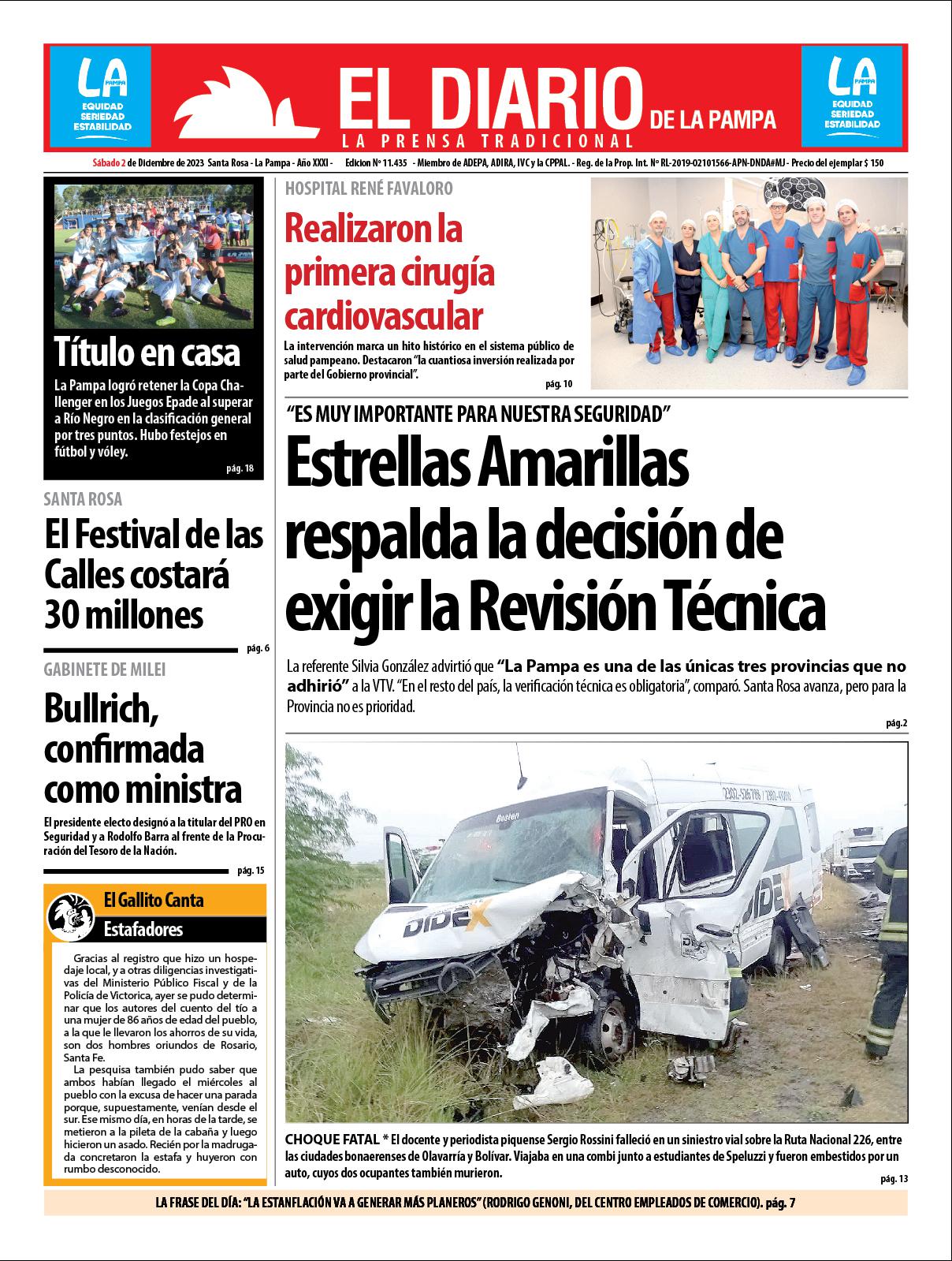 Tapa de El Diario en papel  saacutebado 02 de diciembre de 2023